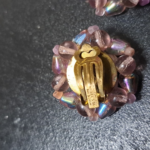 Vintage Signed West Germany 🇩🇪 Pink Iridescent Glass Earrings - Picture 2 of 5